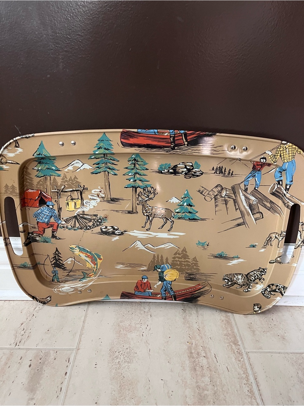 Vintage Metal Serving Tray Whispering Pines retro MCM camping